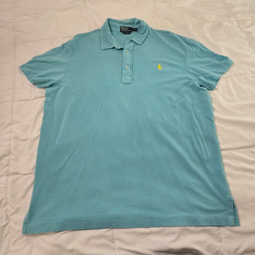 Polo Ralph Lauren Mens XL Featherweight Mesh Polo Shirt Blue Yellow Pony Logo